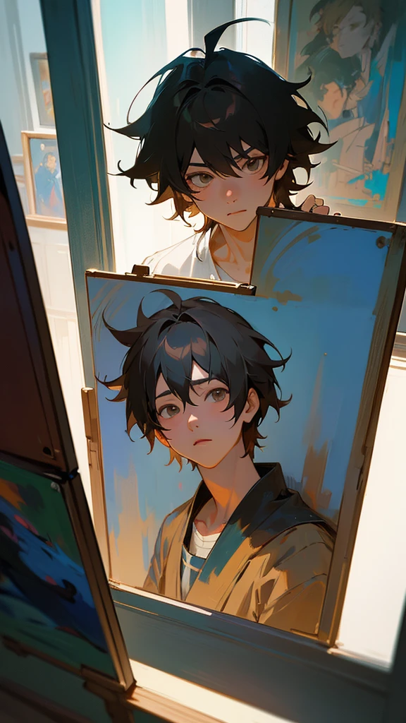 The image shows an anime boy with messy hair holding a brush and a paint palette. He is facing a window, allowing soft light to enter that illuminates the scene. The environment is a painter's studio, decorated with various canvases and art materials scattered around.
The boy is concentrating on painting a realistic portrait of a cute anime girl, capturing every detail accurately. The art style is anime realism, without influences from artists like Guweiz, focusing on a more authentic and detailed approach. The painting is done in 4K, highlighting the richness of details and the softness of lighting. The boy's portrait is also detailed and features typical features of the realistic anime art style..