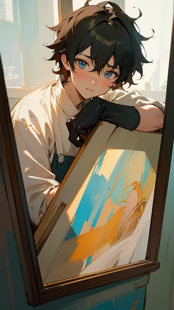 The image shows an anime boy with messy hair holding a brush and a paint palette. He is facing a window, allowing soft light to enter that illuminates the scene. The environment is a painter's studio, decorated with various canvases and art materials scattered around.
The boy is concentrating on painting a realistic portrait of a cute anime girl, capturing every detail accurately. The art style is anime realism, without influences from artists like Guweiz, focusing on a more authentic and detailed approach. The painting is done in 4K, highlighting the richness of details and the softness of lighting. The boy's portrait is also detailed and features typical features of the realistic anime art style..