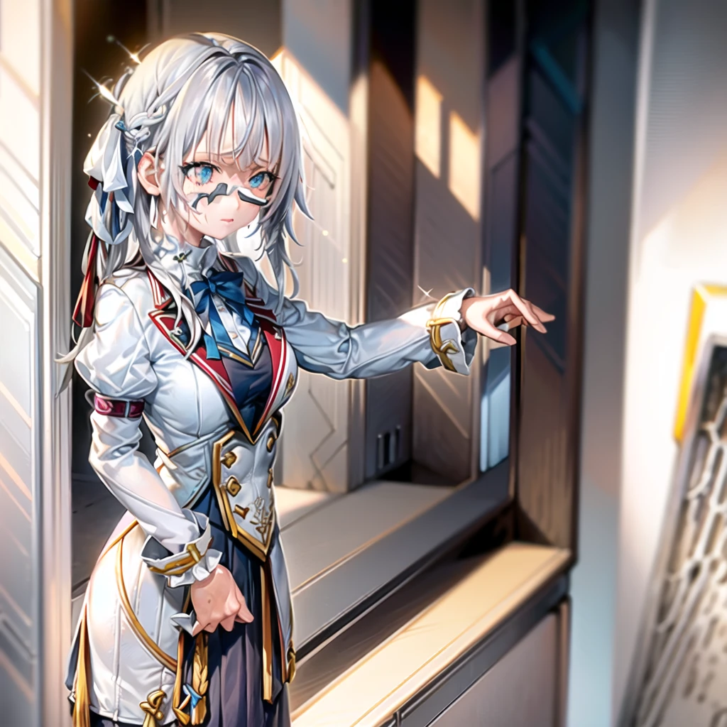 clothes reflecting light, (light diffraction on skin: 1.35), (glossy skin: 1.55), (iridescence effect: 1.55),anime, a woman with white hair and blue eyes smiling seductively is standing in a room, , process art, seductive anime girl, in dress, visual anime of a cute girl, girl with perfect white hair, anime moe artstyle, fine details. Girls Frontline, From Girls Frontline, A Hyperrealistic Schoolgir, Anime Girl Wearing White Shirt with Blue Hair, Breasts, 1Girl, Neckline, Shirt, Long Hair, Blue Eyes, Drowning, Solo, White Shirt, Big Breasts, Wet, Wet Clothes, Blush, Short Sleeves, Bangs,(Masterpiece, Best Quality, Ultra-Detailed: 1.6), Illustration, (Solo, 1 Girl, Beautiful Detailed Eyes: 1.2), City, Street