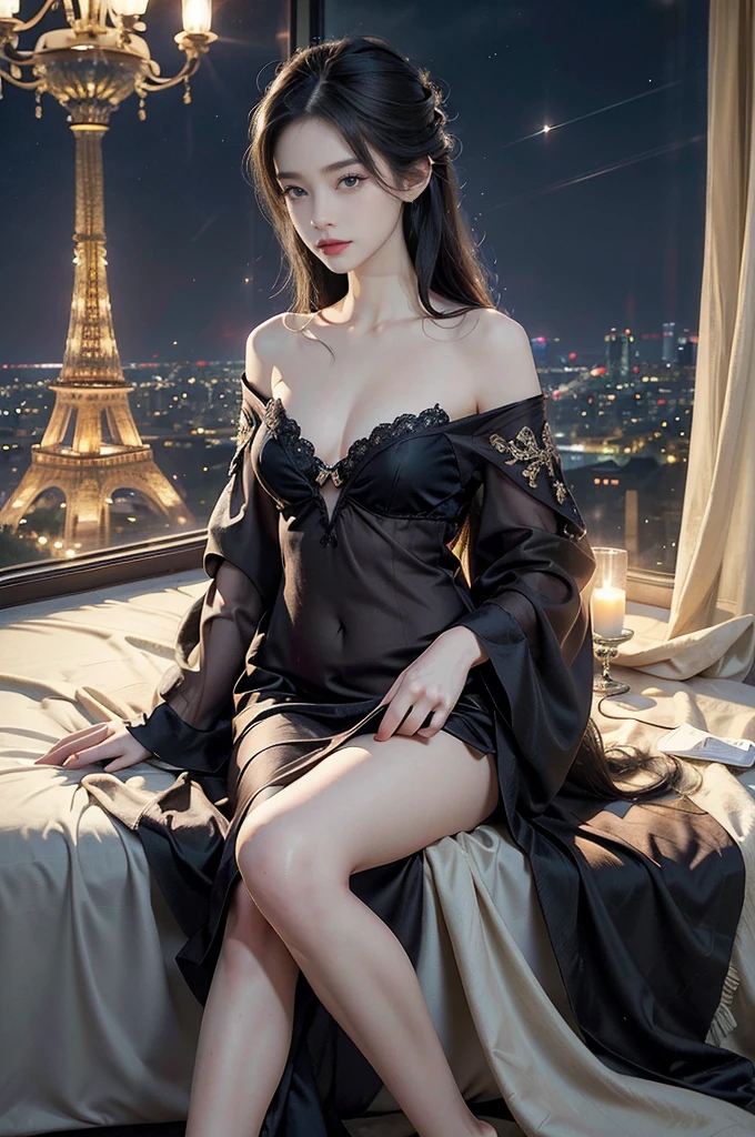 ((best quality)), ((ultra detailed)), ((masterpiece)), illustration,((a beautiful girl,solo)),((slim,thin)),((small breasts,flat chest)),((glamorous nightgown)),((sitting on bed)),((in luxurious hotel bedroom)), ((Canton Tower outside window)), ((summer night)), tasteful decoration, plush furniture, sumptuous fabrics, warm lighting, (sparkling shoulder length straight hair:1.2), mischievous eyes, serene expression, sophistication, allure, city lights, twinkling stars, mysterious aura, captivating scene, awe-inspiring, wonder, magical moment, photograph, essence of summer, allure of night, mystique of Eiffel Tower, out of this world, fantasy, luxury, beauty, enchanting setting, frozen in time, magical atmosphere