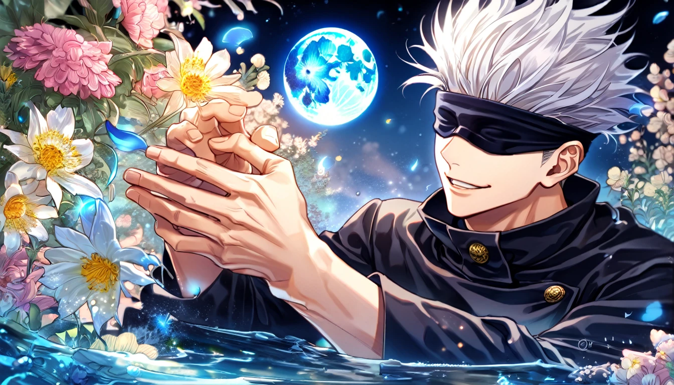 absurdres, highres, ultra detailed, HDR, master piece, Gojou Satoru, white hair, blindfolded eyes, black shirt, Jujutsu Kaisen, man, handsome, best quality, blue moon, flowers, fantasy, magical, solo, water, blue shining fireflies, blue petals, Jujutsu Kaisen uniform, handsome smile