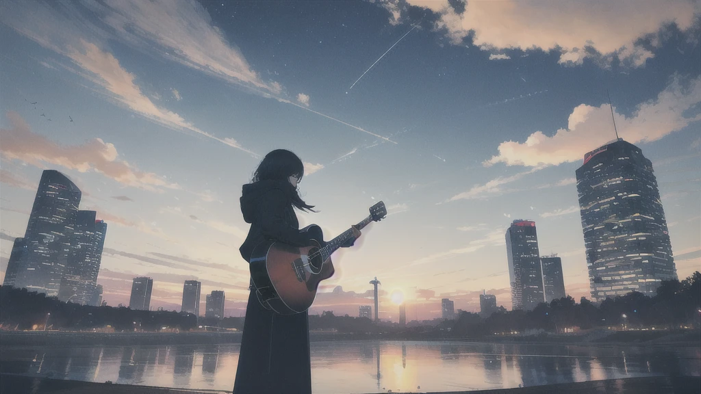 Acoustic guitar,Pitch black night sky,Octane, Star (zero), scenery, Blue parakeet,The acoustic guitar is placed in front of the body.,Star, night, Back view, Outdoor, city,river,Blue parakeet,building, cloud, Heavenly River,silhouette