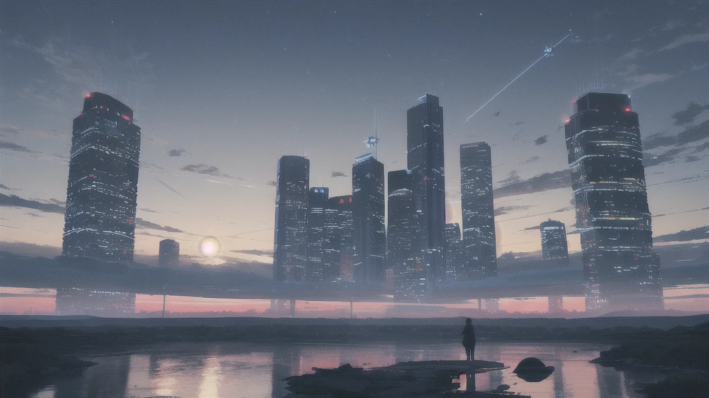 Acoustic guitar,Pitch black night sky,Octane, Star (zero), scenery, Blue parakeet,The acoustic guitar is placed in front of the body.,Star, night, Back view, Outdoor, city,river,Blue parakeet,building, cloud, Heavenly River,silhouette