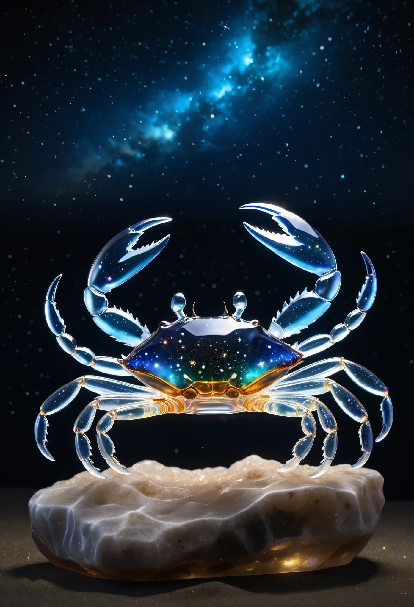 a crystal sculpture of a translucent crab, with a starry sky body, night sky, ocean, constellation, shine bright, realistic textures, depth of field, ultra-high definition, very dark background, photorealistic, highly detailed, natural lighting, sharp focus, cinematic, hyperrealism,extremely detailed