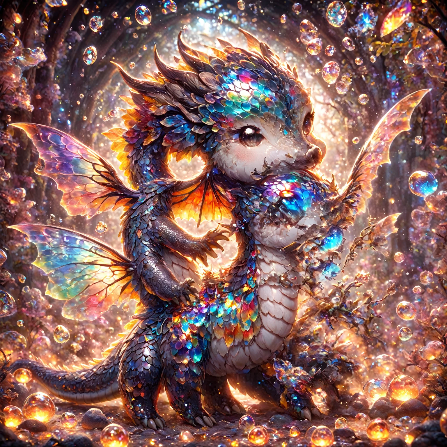 ral-smoldragons, cute, small dragon, wings, nature in background, intricate details, butterflies, whimsical, fantasy, mysterious, colorful, glowing shards, glass, brocken glass, transparent glass, pieces of glass, Made_of_pieces_broken_glass  