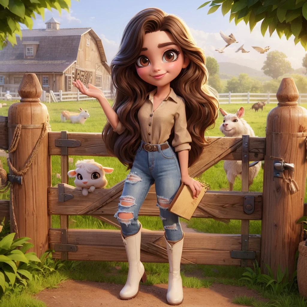 Write a story about a girl on a farm, opening the gate and calling the animals, a light brown girl, long brown wavy hair, almond-shaped brown eyes, dressed in ripped jeans, with high white boots and a beige blouse. style Disney Pixar 3D