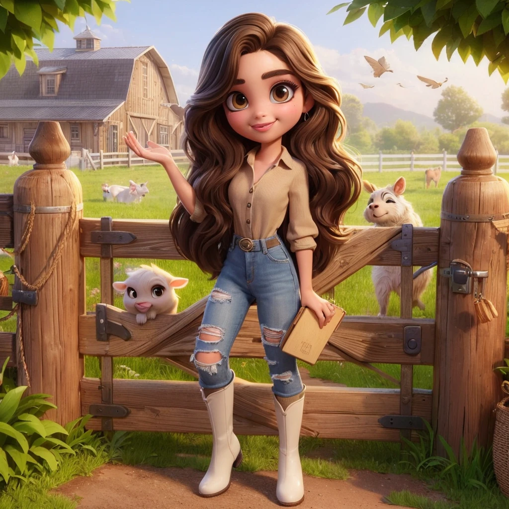 Write a story about a girl on a farm, opening the gate and calling the animals, a light brown girl, long brown wavy hair, almond-shaped brown eyes, dressed in ripped jeans, with high white boots and a beige blouse. style Disney Pixar 3D