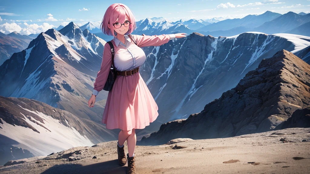 1girl,mountain climbing pattern ,Mountain,dam ,pastel pink hair,brown eye,bob hair,standing, beckoning, full body,red frame eyewear,big breasts,smile