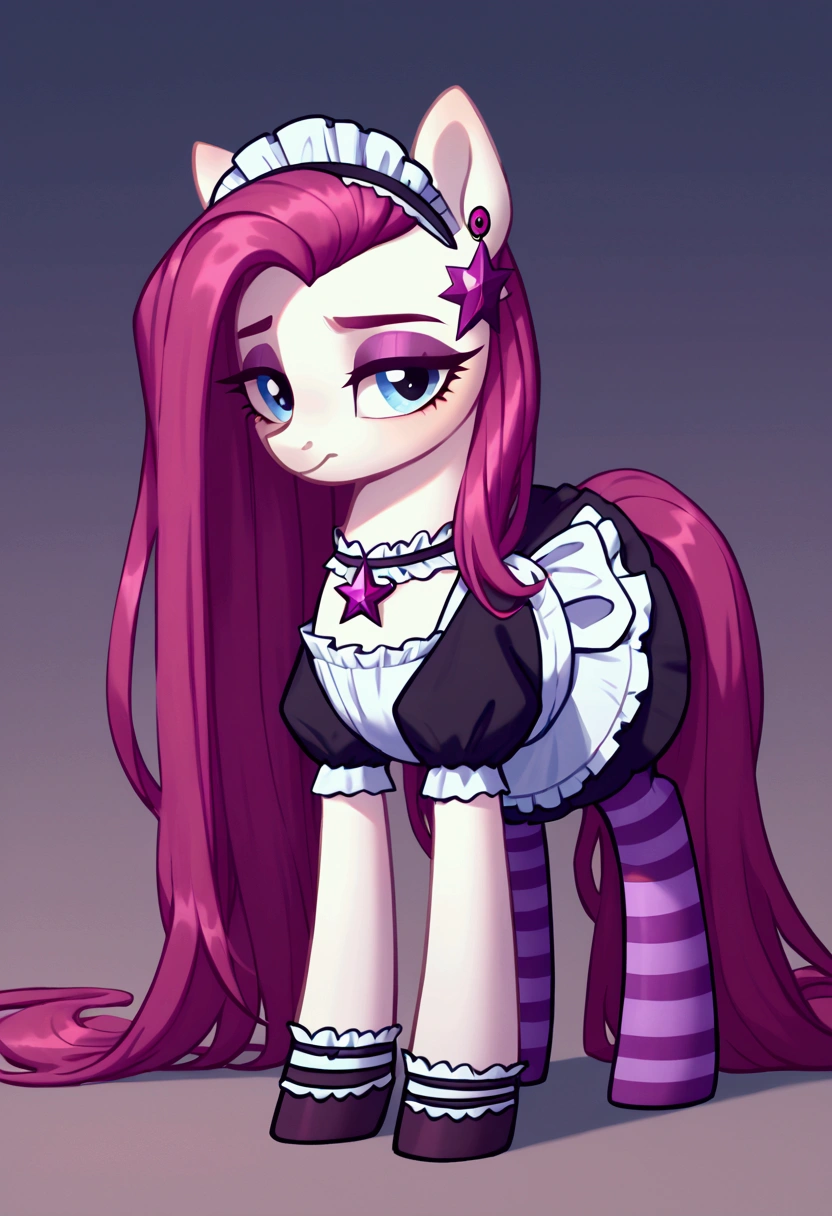 score_9,score_8_up,score_7_up,score_6_up, ((my little pony)), radiant lighting, vibrant colors, whimsical atmosphere, 8K, high resolution, highly detailed, masterpiece, (shy look), ((pony body)), white body, blue eyes, (maid costume), striped stockings, star pendant, earrings, eyeshadow, ((magenta long hair:1.6))