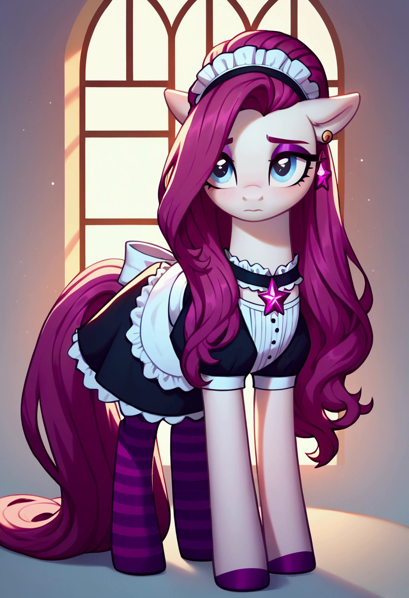 score_9,score_8_up,score_7_up,score_6_up, ((my little pony)), radiant lighting, vibrant colors, whimsical atmosphere, 8K, high resolution, highly detailed, masterpiece, (shy look), ((pony body)), white body, blue eyes, (maid costume), striped stockings, star pendant, earrings, eyeshadow, ((magenta long hair:1.6))
