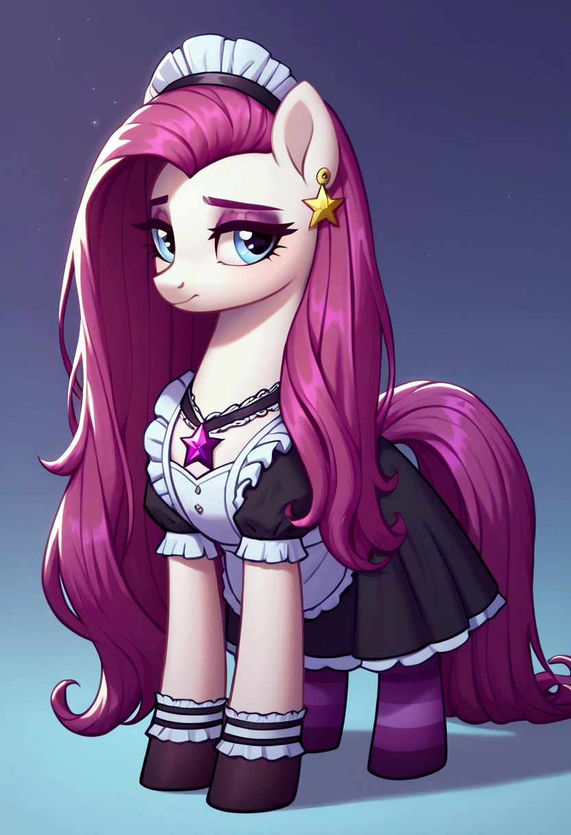 score_9,score_8_up,score_7_up,score_6_up, ((my little pony)), radiant lighting, vibrant colors, whimsical atmosphere, 8K, high resolution, highly detailed, masterpiece, (shy look), ((pony body)), white body, blue eyes, (maid costume), striped stockings, star pendant, earrings, eyeshadow, ((magenta long hair:1.6))