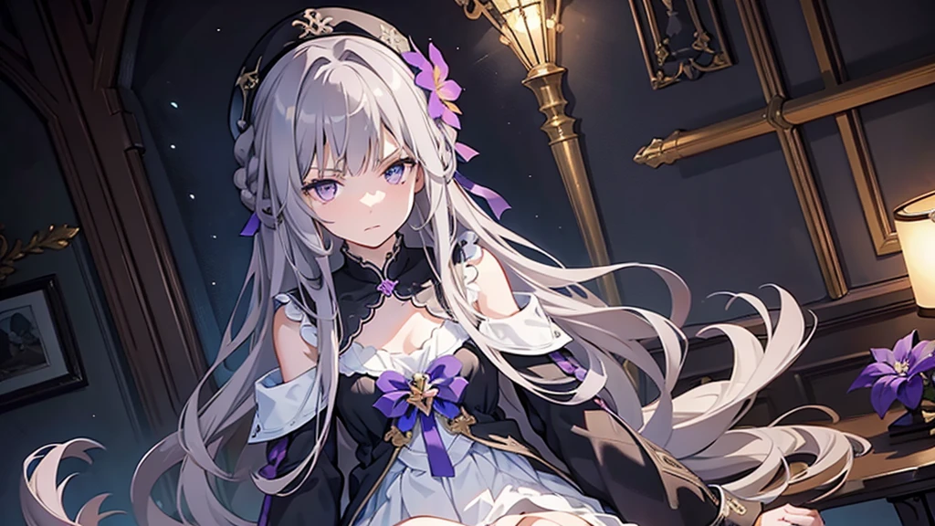 (best quality:1.3), (masterpiece:1.3), (illustration:1.3), (ultra-detailed:1.3), 1girl, solo, very young, flat chest, purple eyes, white hair, long hair, black dress, white coat, black beret, serious expression, angry expression, looking at viewer, purple flower, hair ornament, short, french braid, night sky, glowing purple butterfly, indoors, estate, mansion, wallpaper, sitting,