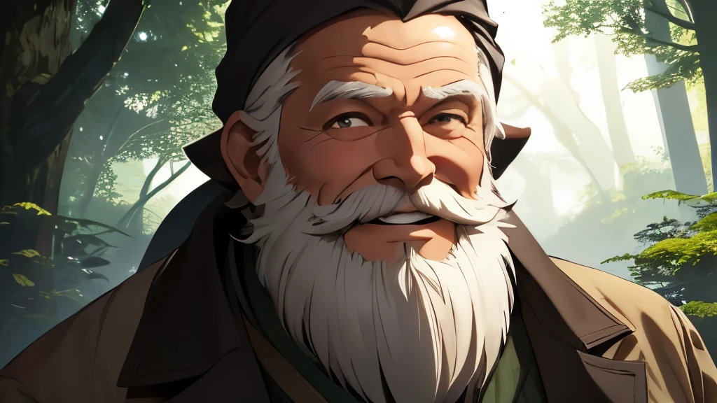 (Better image quality) an old man with a white beard smiling in the dark forest