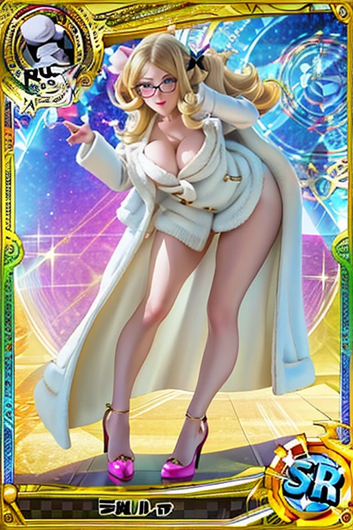 trading card of blush, smileglowing aura, natural light, masterpiece, glossy skin, juicy lips , ,sexy, hot, , cleavage, evil,juicy lips, bimbo, hour glass, blonde hair, wide eyes, green eyes, massive , dark lighting, long hair, pink bow, oversized jumper, platform shoes, bow in hair, golden round glasses, sandy blonde hair, bimbo, cute, fluffy white coat, shopping, shopping bags, white fluffy coat, evil smile, no hair on forehead, no fringe, from below, juicy lips