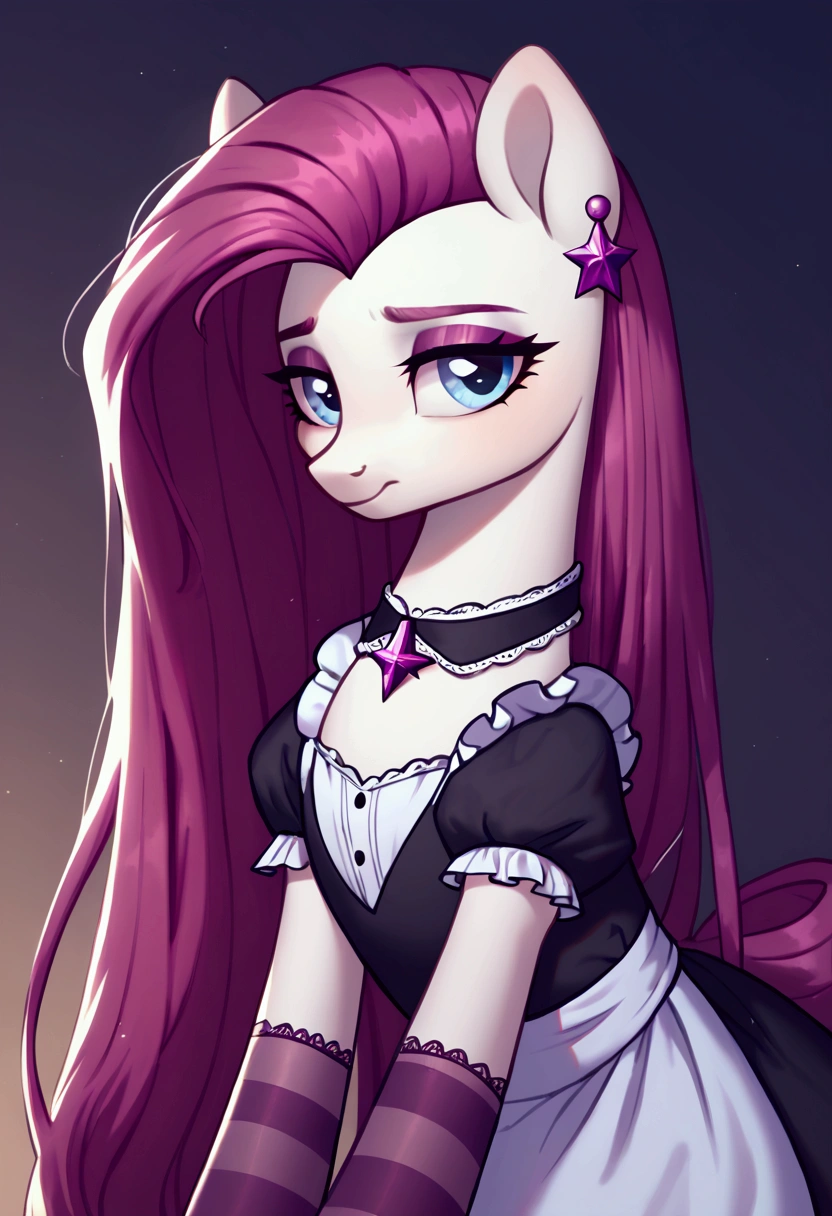 score_9,score_8_up,score_7_up,score_6_up, ((my little pony)), radiant lighting, vibrant colors, whimsical atmosphere, 8K, high resolution, highly detailed, masterpiece, (shy look), ((pony body)), white body, blue eyes, (maid costume), striped stockings, star pendant, earrings, eyeshadow, ((magenta long hair:1.6))