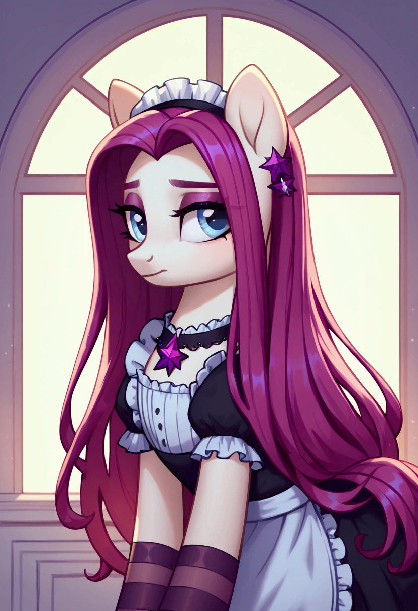 score_9,score_8_up,score_7_up,score_6_up, ((my little pony)), radiant lighting, vibrant colors, whimsical atmosphere, 8K, high resolution, highly detailed, masterpiece, (shy look), ((pony body)), white body, blue eyes, (maid costume), striped stockings, star pendant, earrings, eyeshadow, ((magenta long hair:1.6))
