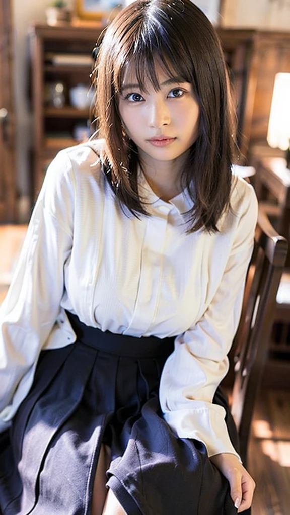 Photo-realistic quality、A woman in a white blouse is holding a golf club, Japanese girls uniform, Cute school girl, Realistic young gravure idol, Young and cute gravure idol, High school girl posing, Surreal , Young and skinny gravure idol,Girl wearing short-sleeved blouse, Japanese Model、Sheer white blouse
