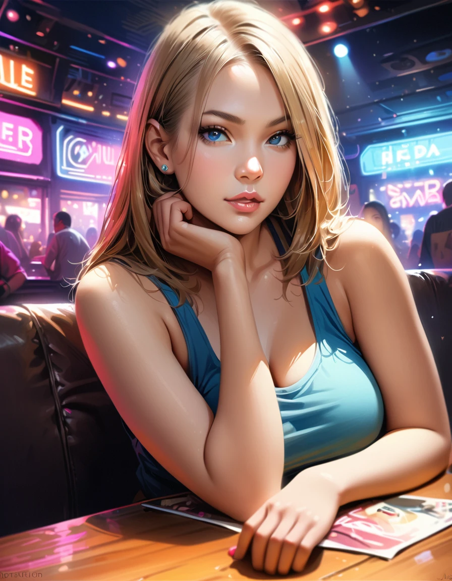 1girl, beautiful detailed eyes, beautiful detailed lips, extremely detailed eyes and face, long eyelashes, soft skin, pale skin, soft blush, blonde straight hair, tank top, bare shoulders, high-waisted shorts, looking at viewer, cat ears, plump lips, beautiful blue eyes, realistic background, nightclub, neon lights, (best quality,4k,8k,highres,masterpiece:1.2),ultra-detailed,(realistic,photorealistic,photo-realistic:1.37),vibrant colors,dramatic lighting,intricate details