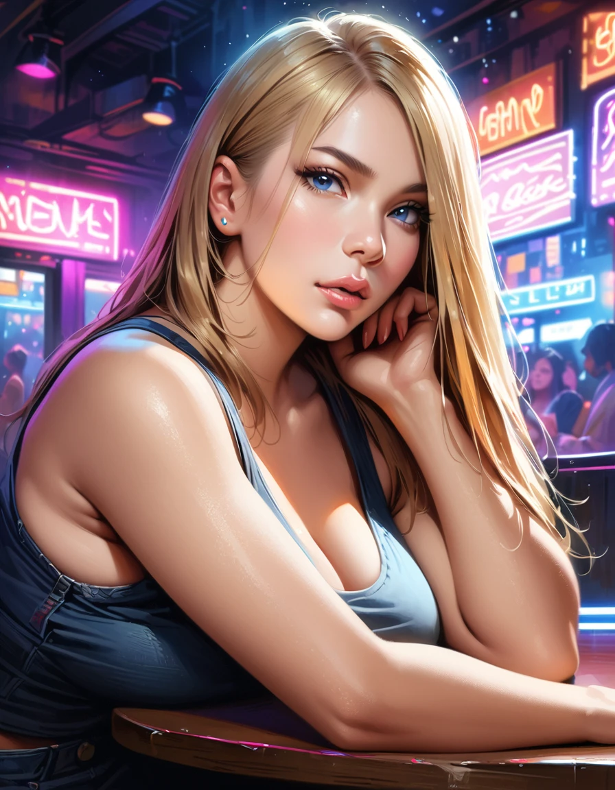 1girl, beautiful detailed eyes, beautiful detailed lips, extremely detailed eyes and face, long eyelashes, soft skin, pale skin, soft blush, blonde straight hair, tank top, bare shoulders, high-waisted shorts, looking at viewer, plump lips, beautiful blue eyes, realistic background, nightclub, neon lights, (best quality,4k,8k,highres,masterpiece:1.2),ultra-detailed,(realistic,photorealistic,photo-realistic:1.37),vibrant colors,dramatic lighting,intricate details, resting hands on the table