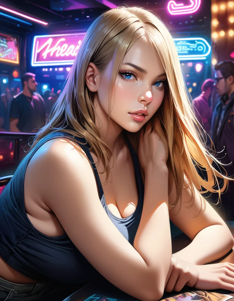 1girl, beautiful detailed eyes, beautiful detailed lips, extremely detailed eyes and face, long eyelashes, soft skin, pale skin, soft blush, blonde straight hair, tank top, bare shoulders, high-waisted shorts, looking at viewer, plump lips, beautiful blue eyes, realistic background, nightclub, neon lights, (best quality,4k,8k,highres,masterpiece:1.2),ultra-detailed,(realistic,photorealistic,photo-realistic:1.37),vibrant colors,dramatic lighting,intricate details, resting hands on the table