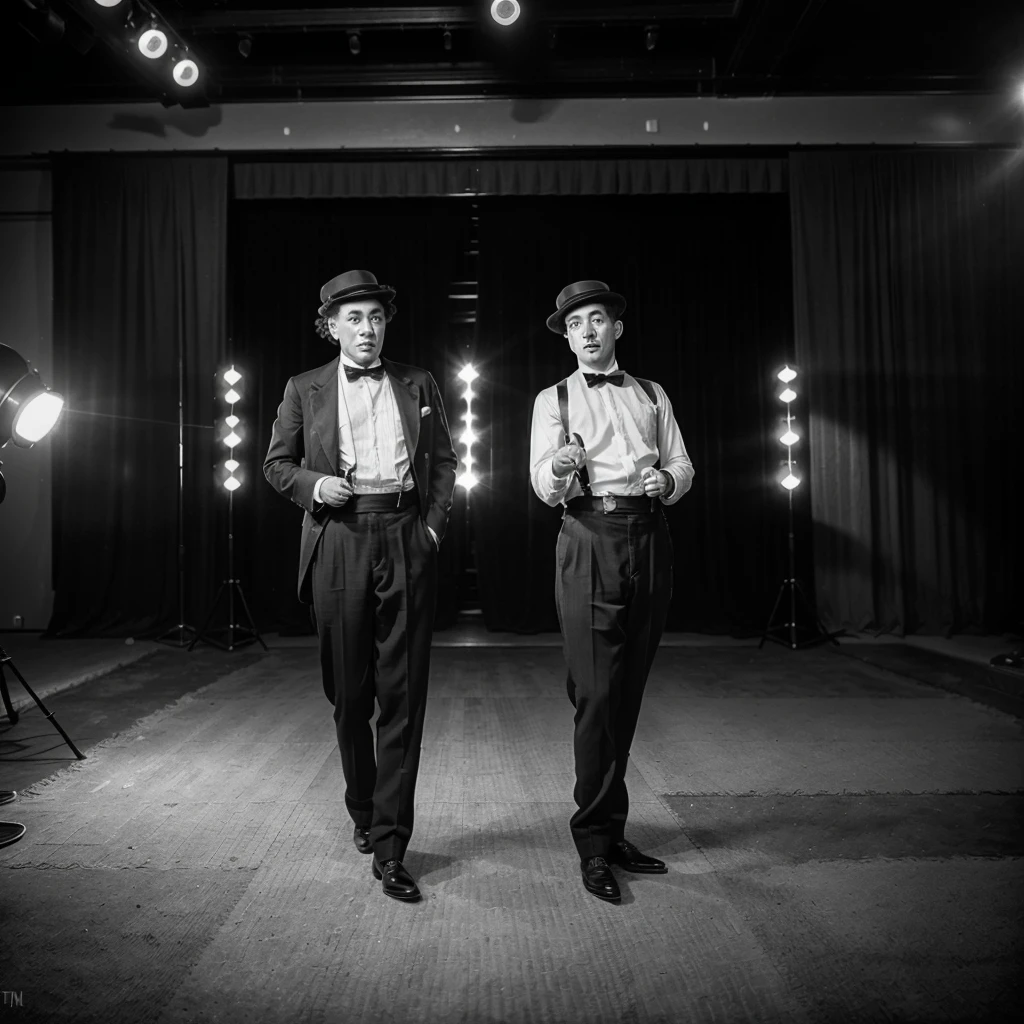 Charlie Chaplin and Buster Keaton in action, 1920s vintage style, detailed facial features, expressive poses, slapstick comedy, dramatic lighting, monochrome, high contrast, masterpiece, ultra-detailed, (realistic, photorealistic, photo-realistic:1.37), HDR, UHD, studio lighting, extreme detail description, professional, vivid details, bokeh
