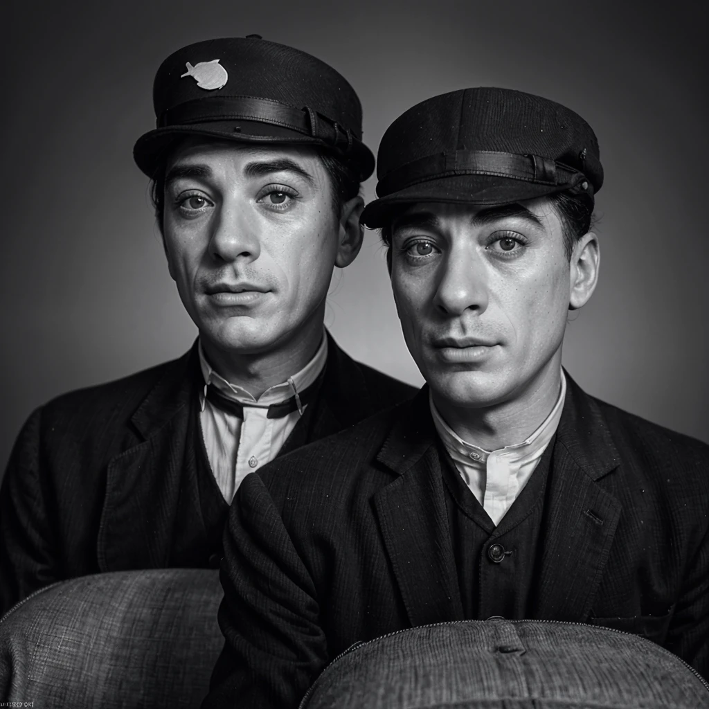 Charlie Chaplin and Buster Keaton in action, 1920s vintage style, detailed facial features, expressive poses, slapstick comedy, dramatic lighting, monochrome, high contrast, masterpiece, ultra-detailed, (realistic, photorealistic, photo-realistic:1.37), HDR, UHD, studio lighting, extreme detail description, professional, vivid details, bokeh
