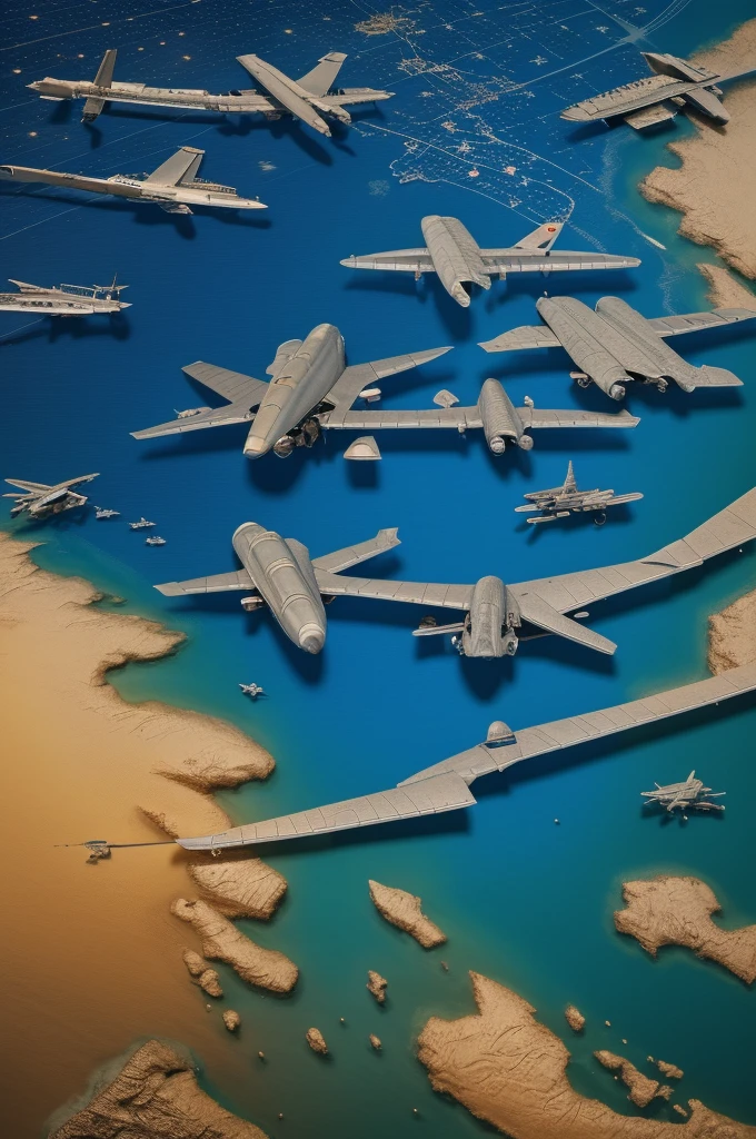 a map of the world with a line of planes, map of countries, space war between china and usa, huge distance, uk, best quality, 8k, highres, masterpiece, ultra-detailed, photorealistic, studio lighting, extreme detail description, professional, vivid colors, sci-fi, dystopian, cinematic lighting, dramatic, epic scale