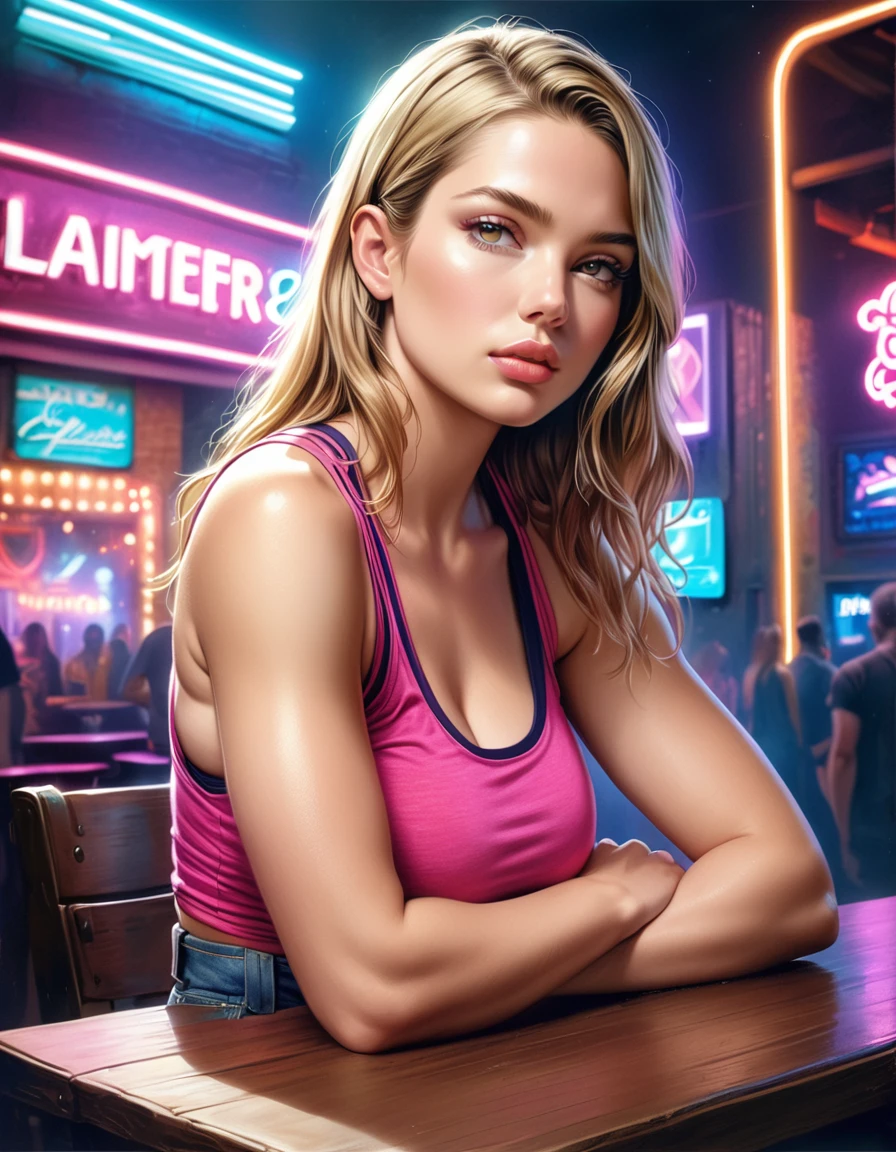 1girl, beautiful detailed eyes, beautiful detailed lips, extremely detailed eyes and face, long eyelashes, soft skin, pale skin, soft blush, blonde straight hair, tank top, bare shoulders, high-waisted shorts, looking at viewer, plump lips, beautiful blue eyes, realistic background, nightclub, neon lights, (best quality,4k,8k,highres,masterpiece:1.2),ultra-detailed,(realistic,photorealistic,photo-realistic:1.37),vibrant colors,dramatic lighting,intricate details, resting hands on the table