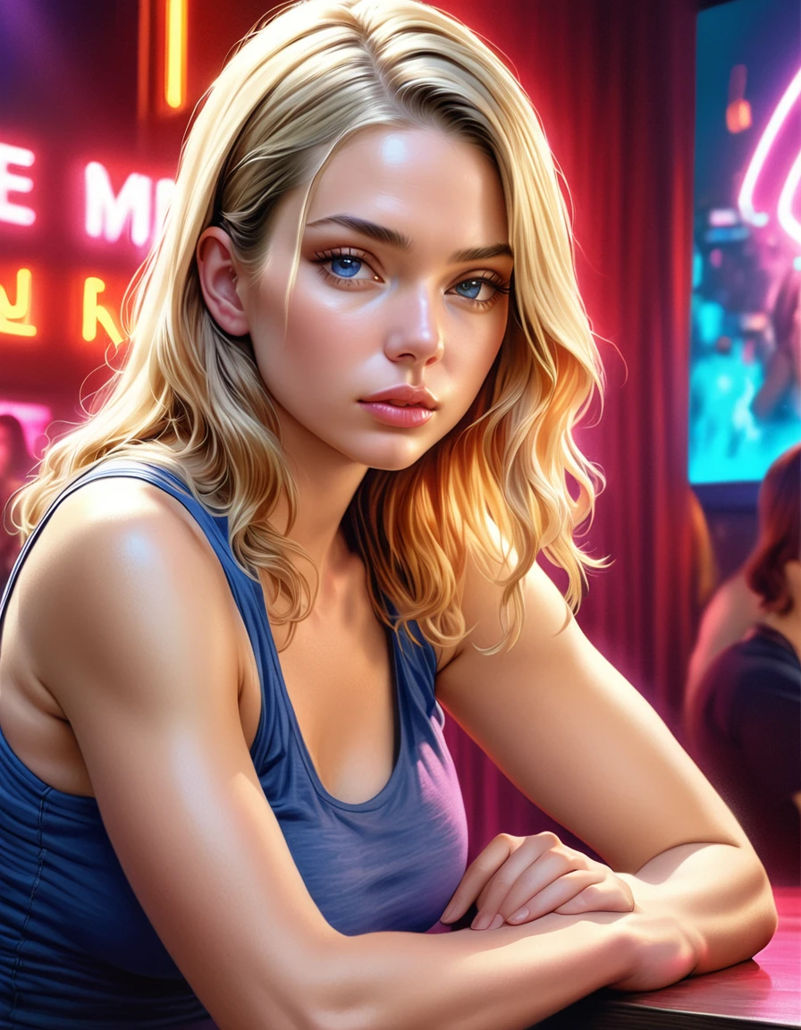 1girl, beautiful detailed eyes, beautiful detailed lips, extremely detailed eyes and face, long eyelashes, soft skin, pale skin, soft blush, blonde straight hair, tank top, bare shoulders, high-waisted shorts, looking at viewer, plump lips, beautiful blue eyes, realistic background, nightclub, neon lights, (best quality,4k,8k,highres,masterpiece:1.2),ultra-detailed,(realistic,photorealistic,photo-realistic:1.37),vibrant colors,dramatic lighting,intricate details, resting hands on the table