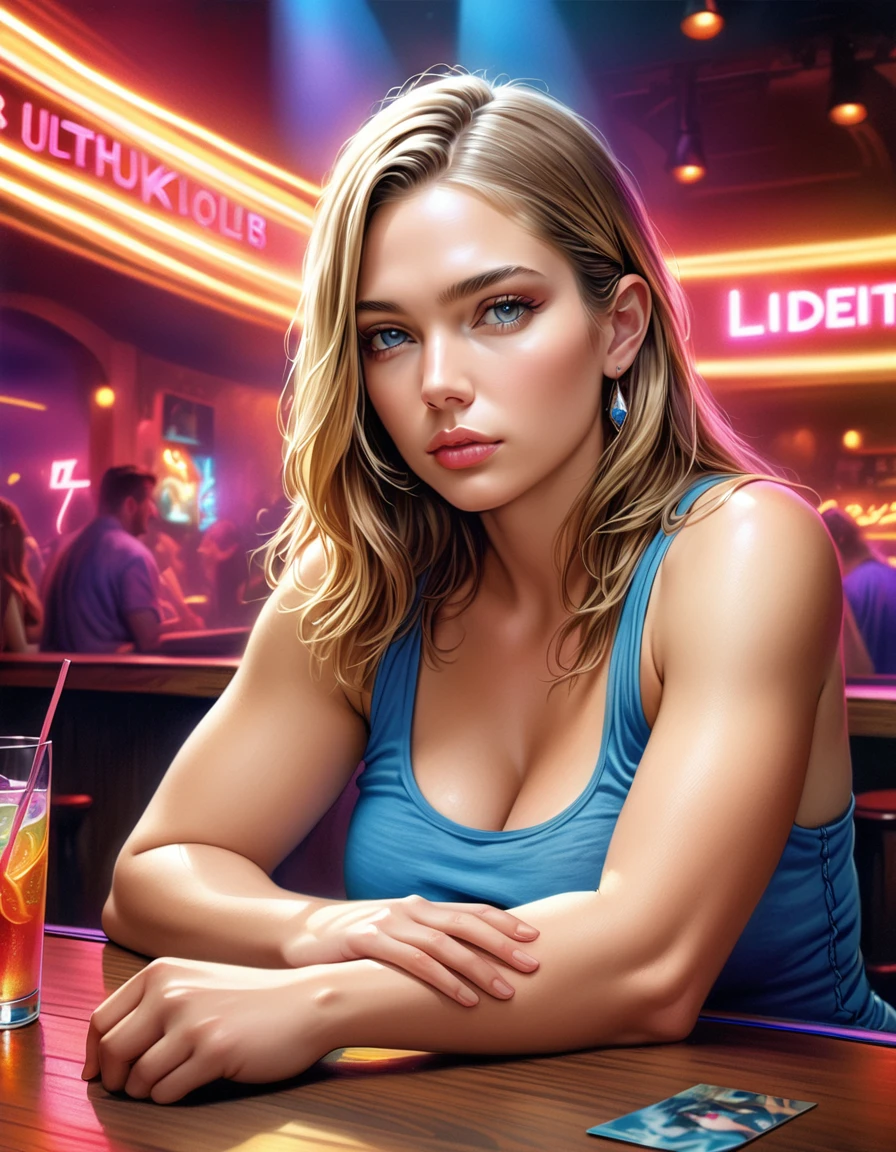 1girl, beautiful detailed eyes, beautiful detailed lips, extremely detailed eyes and face, long eyelashes, soft skin, pale skin, soft blush, blonde straight hair, tank top, bare shoulders, high-waisted shorts, looking at viewer, plump lips, beautiful blue eyes, realistic background, nightclub, neon lights, (best quality,4k,8k,highres,masterpiece:1.2),ultra-detailed,(realistic,photorealistic,photo-realistic:1.37),vibrant colors,dramatic lighting,intricate details, resting hands on the table