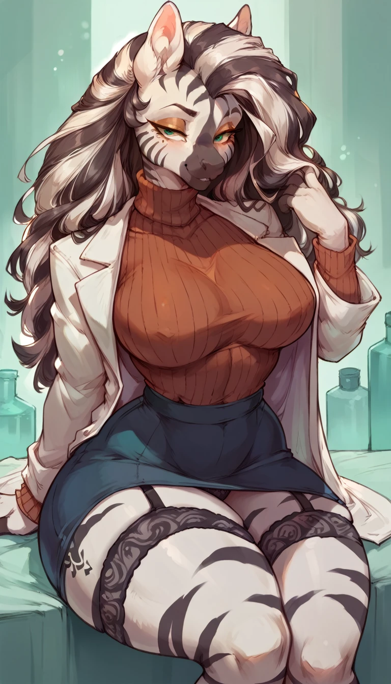  female anthro zebra ,Brown long fluffy hair, fluffy hair, zebra, big breasts, attractive,turtleneck sweater, turtleneck, skirt, lab coat, garter belt , thicc body, thicc body, thicc, freckles, freckles on face, neutral expression, smug eyes, she is  sitting, showing her panties (thick thighs:1.5)