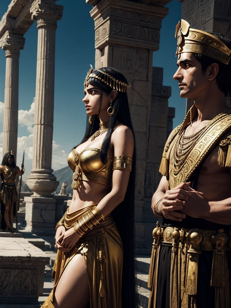 Cleopatra and Marc Antony plotting together, surrounded by symbols of their combined power. Shadowy figures in the background hint at the looming threat from Octavianus.