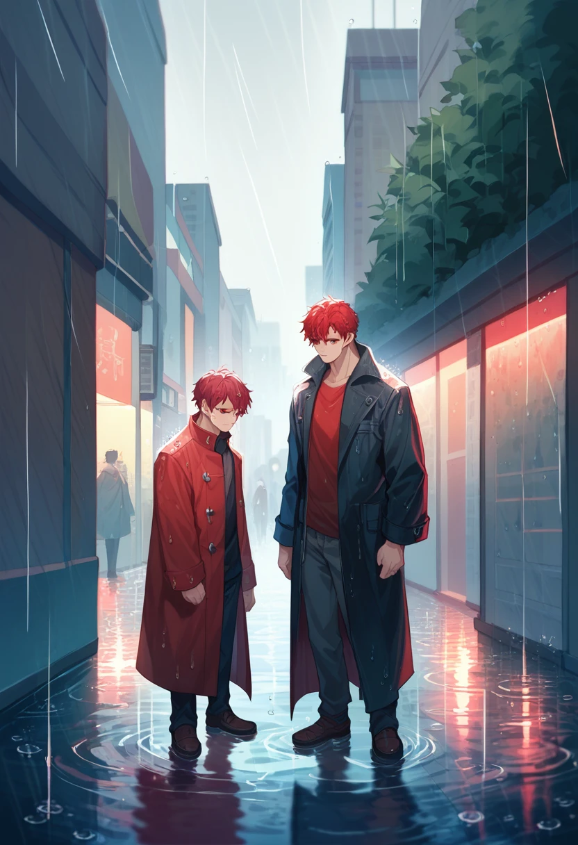 score_9, score_8_up, score_7_up, score_6_up, score_5_up, score_4_up, masterpiece, 1boy, red hair, standing, rain, water, melancholic, city, reflects, detailed, vibrant colors, looking down, sadness, sorrow, water droplets, dishelved, red eyes, emphasizing facial expression, serious expression, handsome, long coat, red long coat