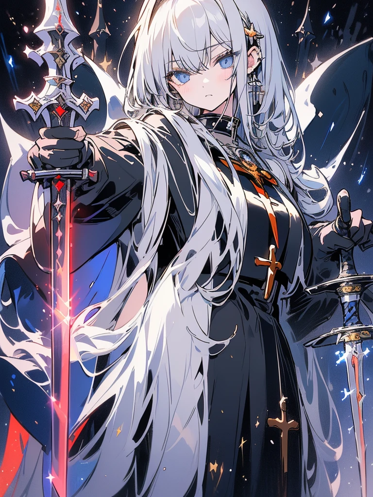 (late afternoon,dense atmosphere,cold,sensual,medieval,hurricane,Lightning,eyeing,eye),(8k highly detailed),female, white hooded cloak, long white hair,Full body silver armor,tired,masterpiece,mature,slim,tall,(((((holding a holy sword))))),dark fantasy,cinematic light,dynamic shadow,blue eyes,pain,wandering