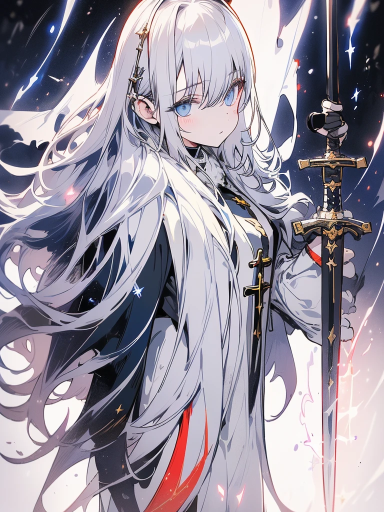 (late afternoon,dense atmosphere,cold,sensual,medieval,hurricane,Lightning,eyeing,eye),(8k highly detailed),female, white hooded cloak, long white hair,Full body silver armor,tired,masterpiece,mature,slim,tall,(((((holding a holy sword))))),dark fantasy,cinematic light,dynamic shadow,blue eyes,pain,wandering