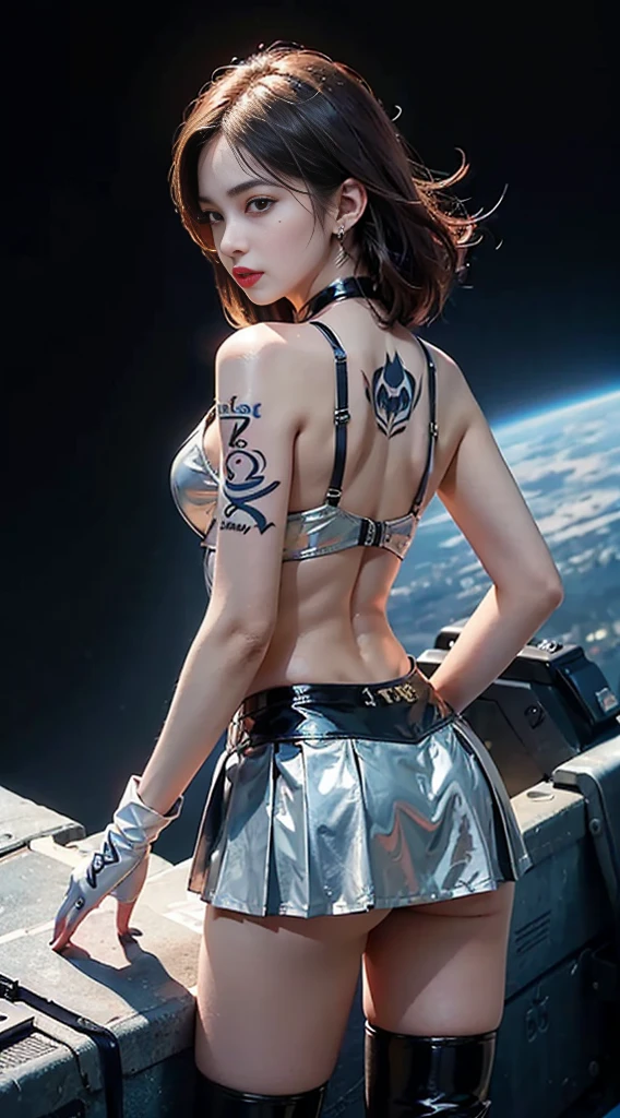 ((masterpiece:1.4)、(top quality:1.4)、(realisti:1.7))、Masseter piece:1.4、(First-class rendering:1.4)、(Female SWAT member of the 73. Division der Space Federation:1.4)、Super beautiful investigator、(hold a weapon:1.2)、Sexy uniform with figure-hugging fit、(Shiny luxury latex:1.4)、(Navy blue sleeveless uniform jacket)、(Underwear White Sexy Super Ultra Bikini)、(Luxus-Latex in Rot:1.4)、(red pleated miniskirt:1.4)、22 years old、(Cute Tattoos:1.4)、(Wear white gloves)、Kawaii girls、Super beauty、keen focus、Portrait photos、(perfect female body:1.4)、proporções perfeitas、Upper body photography:1.4、pretty face、Fearless look、beautiful eyes、Slender waist、Beauty Legs、(Hair length:1.2)、Beautiful udder、big full breasts:1.2、sexy ass、(Standing facing forward:1.4)、RAW-Foto、Red lips、rote High Heels:1.4、a collar:1.4、a necklace:1.4、ear rings:1.4、1 Screen display、Beautiful night view of Cyberpunk City:1.2