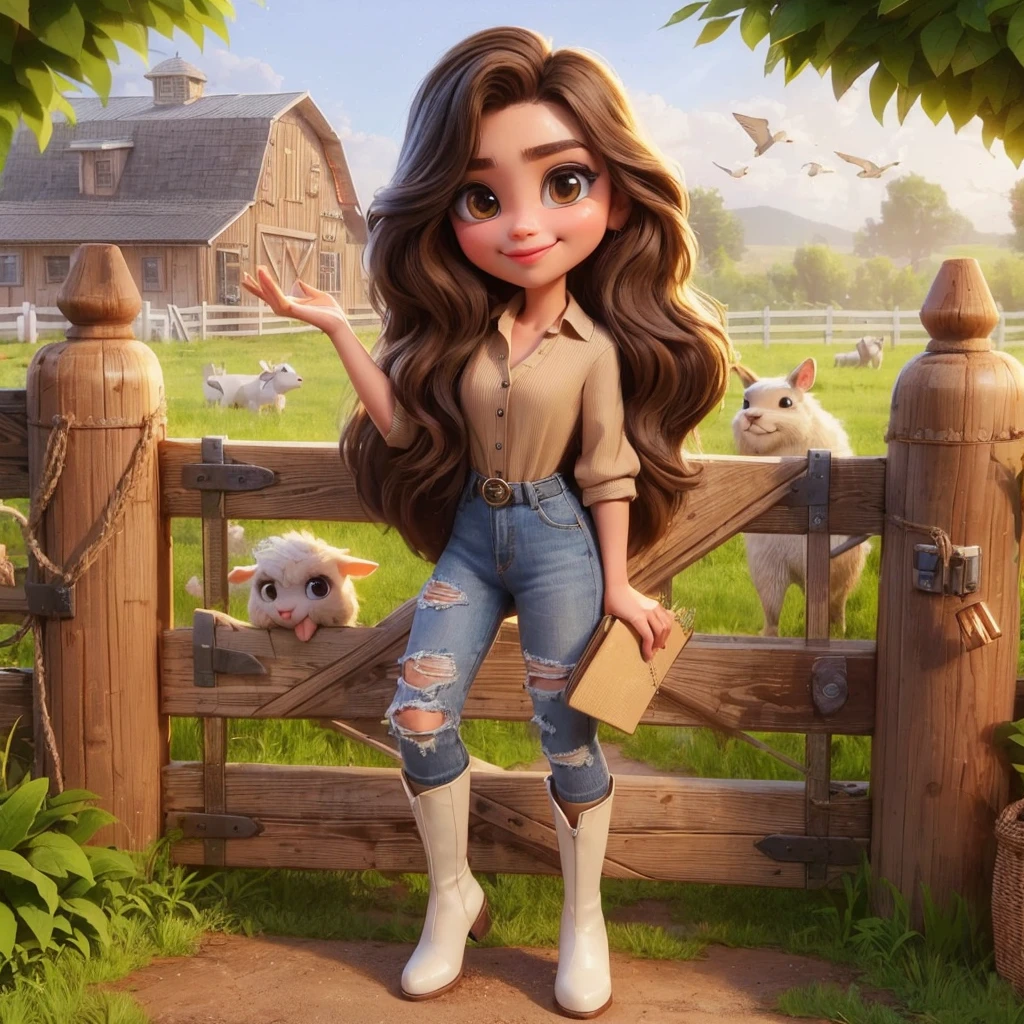 Write a story about a girl on a farm, opening the gate and calling the animals, a light brown girl, long brown wavy hair, almond-shaped brown eyes, dressed in ripped jeans, with high white boots and a beige blouse. style Disney Pixar 3D