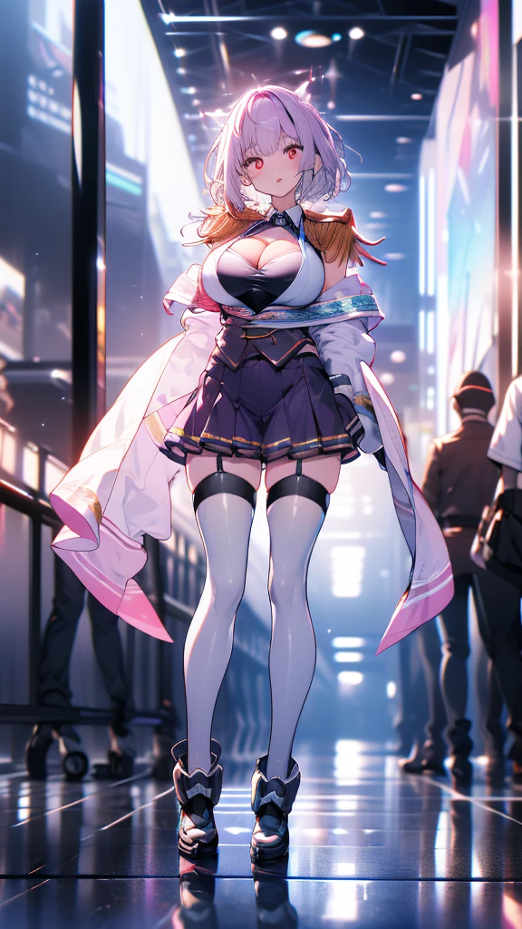 (full body),masterpiece, Highest quality, High resolution, ((Squat，girl座り))，1 person，girl, short hair, Hello, Red eyes, Large Breasts, Cleavage, Epaulettes, White gloves, - Elbow hand pockets, Purple Skirt, Knee socks, Cowboy Shot, (Pose in front)，straight, street，