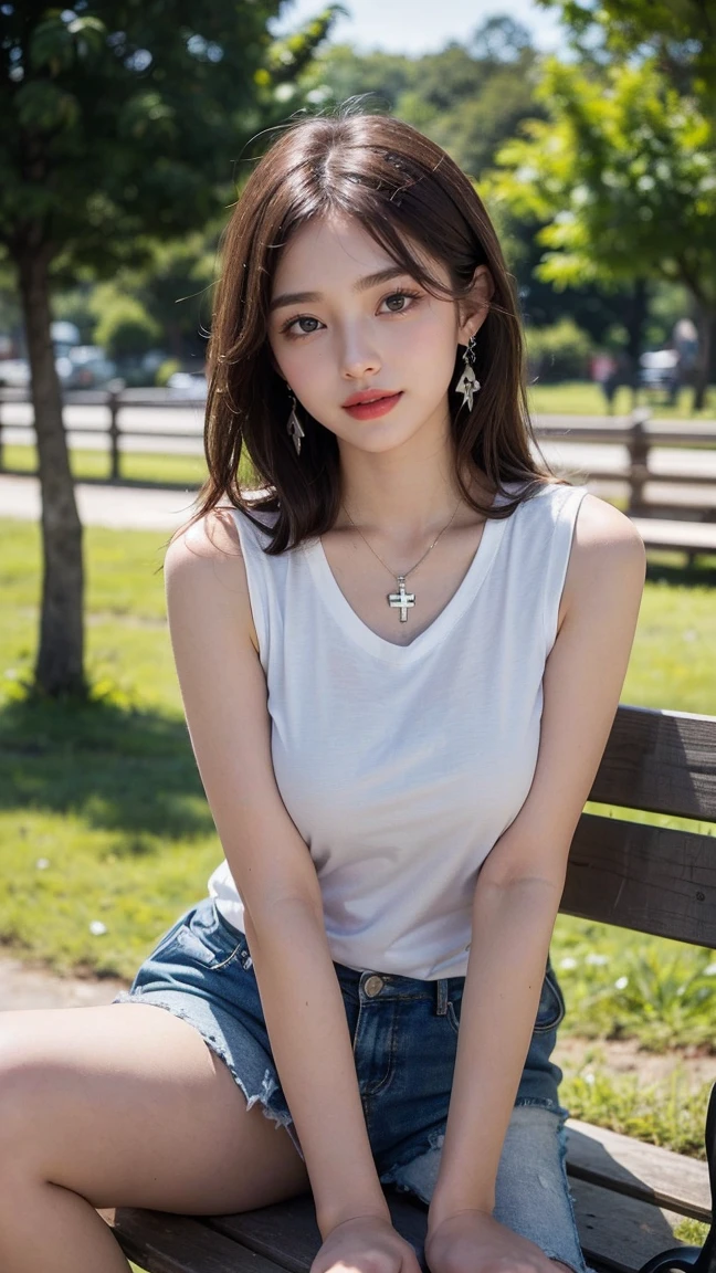 (masterpiece:1.3), 16k, high resolution, Very fine details, masterworks,(photorealistic, RAW photo, best quality:1.4), authentic texture, Texture of skin and clothing,in the city, light makeup, red lips, brown hair, beautiful hair, (medium hair:1.3), Rural Scenery background, elegant, Very fine details, authentic texture, cinematic lighting realism, perfect work, exquisite features, brown eyes, (Ultra-high resolution eye:1.1), Japanese idol, beautiful face, (gentle smile like a goddess), attractive, big well-shaped breasts, beautiful cleavage, shiny skin, (White oversized sleeveless t-shirt:1.3), bright big eyes, smooth skin, (Heart shaped necklace),(Triangle ornament earrings),BREAK, (gentle smile like a goddess), sitting position, (sit down on a bench:1.3),(cross legs:1.3),shoot from below