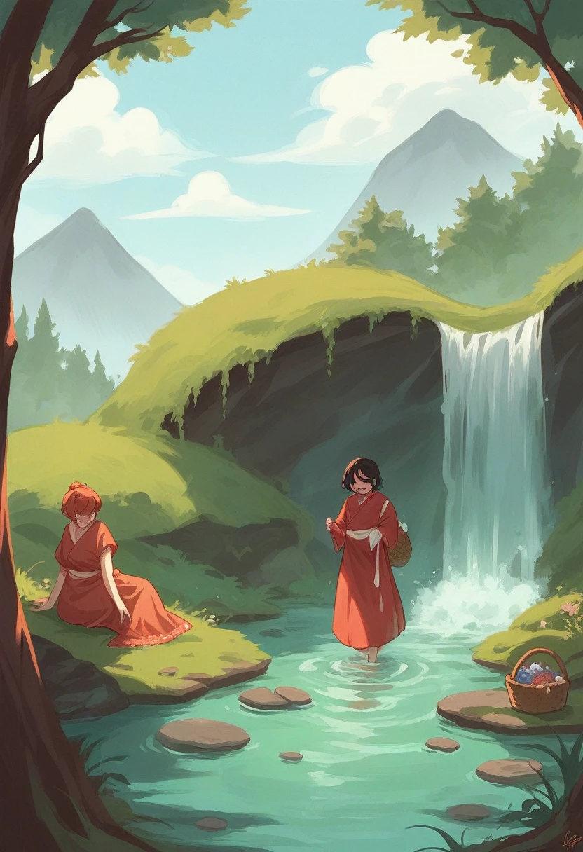 Create an image depicting a group of young women wearing hijabs and long dresses, engaged in washing clothes in a river or stream. The women are wearing coordinated outfits in shades of pink and maroon. They are immersed in the water, which is filled with various pieces of clothing.
One woman in the foreground is holding a pile of clothes, looking down as she carefully handles them. Another woman next to her is standing with a basket full of clothes, while a third woman is bending down, washing a piece of fabric. There are more women in the background, some standing and some also engaged in washing clothes.
The setting is a natural environment, possibly in a rural area, with greenery in the background. The atmosphere is misty, giving a slightly foggy appearance, which adds a sense of early morning or late evening time. The overall mood of the image is one of communal activity and traditional practices.