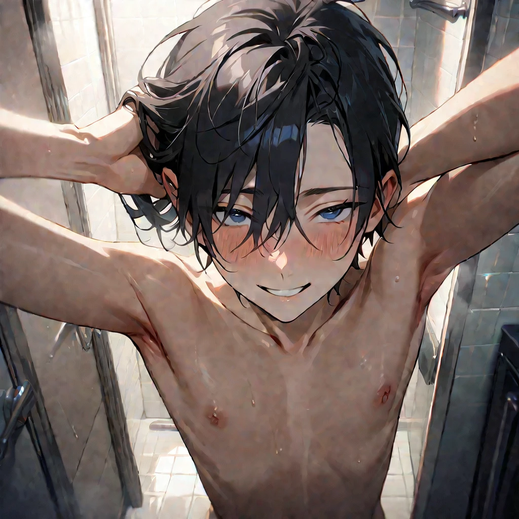 1boy, zoom out, male focus, highschool boy, beautiful boy, messy short black hair, small blue droopy eyes, he has fair skin, he is naked, he is slender, he has slender body, he is smiling, one arm holding up and touches hair, he is in bathroom, erotic, sexy, masterpiece, cinematic, detailed