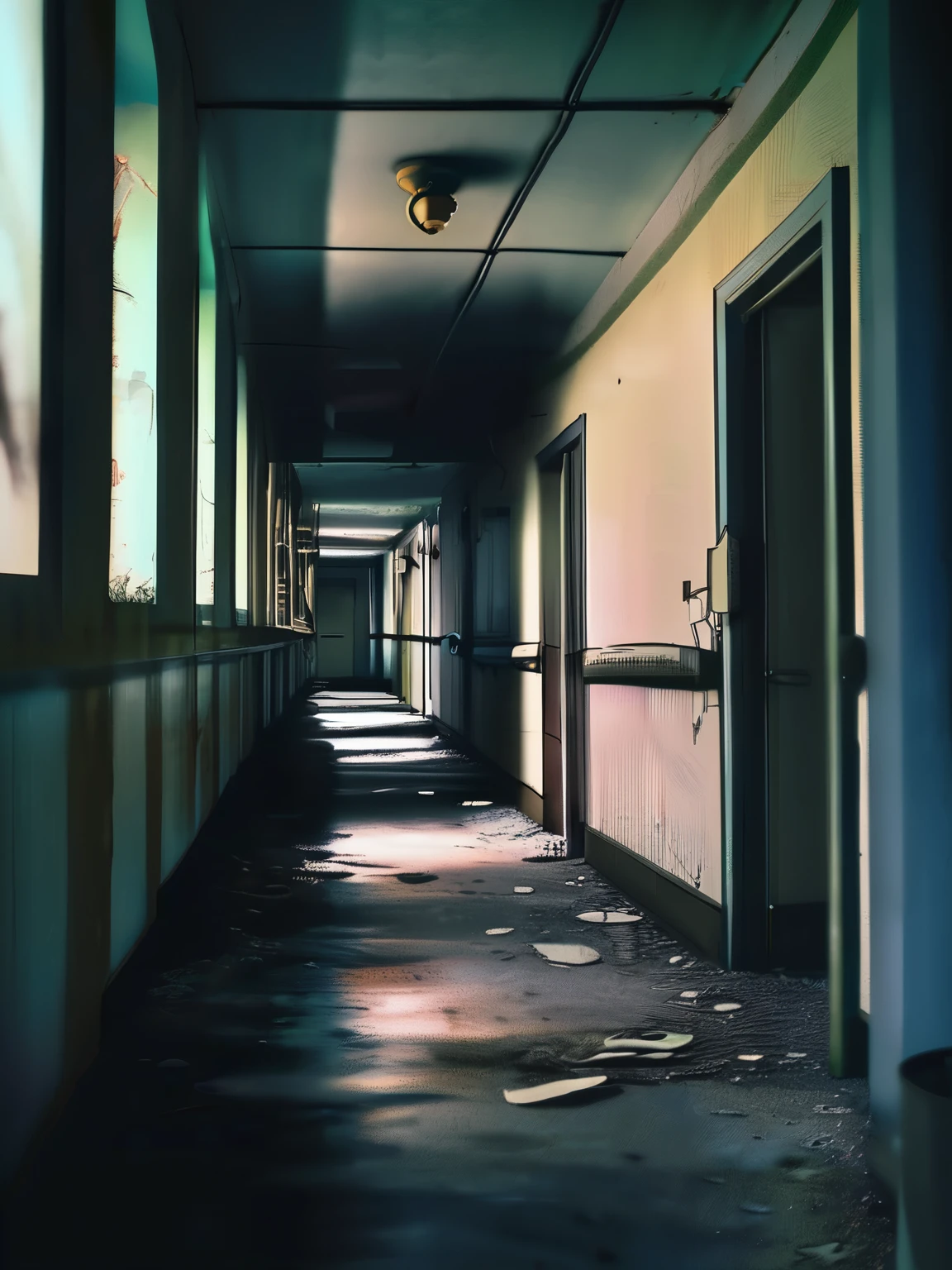  ghost, lurking in a hallway of a sanatorium, dirty environment, abandoned, tense atmosphere, terror, horror, 8k