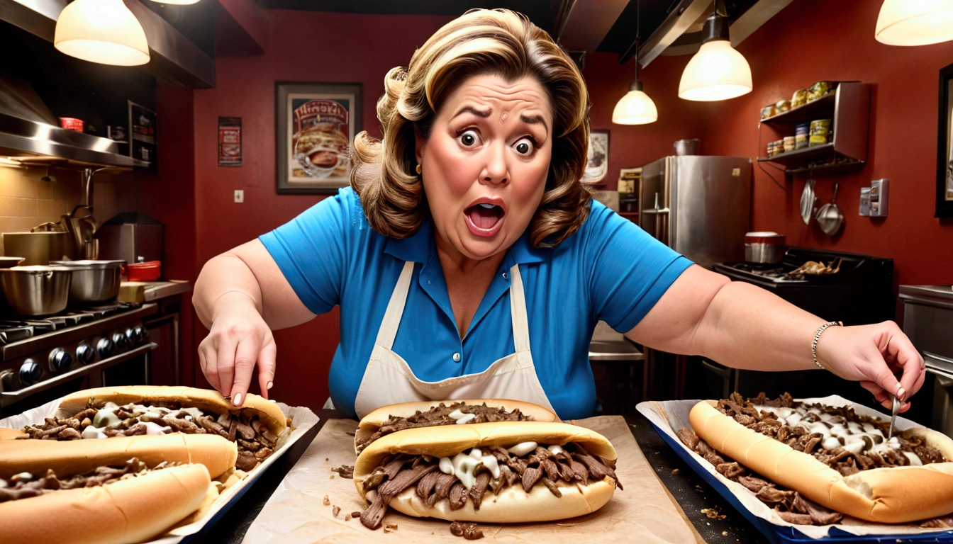 a fat middle aged woman making philly cheesesteaks, extremely detailed face and eyes, hyper detailed hands, cinematic lighting, 8k, photorealistic, realistic, masterpiece, wide shot, best quality, highres, ultra-detailed, (realistic, photorealistic, photo-realistic:1.37), HDR, UHD, studio lighting, ultra-fine painting, sharp focus, physically-based rendering, extreme detail description, professional, vivid colors, bokeh