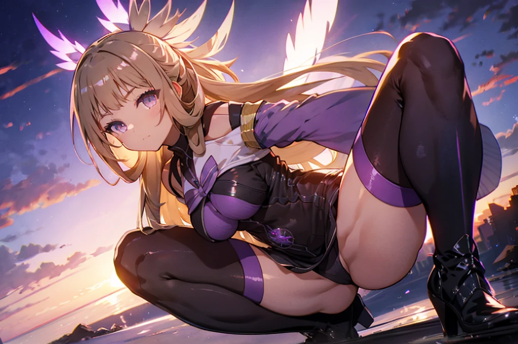 (Highly detailed CG), (Highest quality),(full body),(( Squat,Spread your legs,Strike a Pose)),1 Girl,alone, Grey Eyes,Long Hair, Blonde,Purple Dress,Wide white sleeves,Purple ribbon,Purple Stockings,hair ornaments,Bare shoulders,Removed sleeve, Black gloves, Blunt bangs, Magical girl, Perfect Face, Shiny skin, Shiny skin, Wide Hips,Tight waist,Knee-high boots,Elbow Bag,1 Girl, Long Hair, Big Breasts,Thick thighs,sunset,Octane,