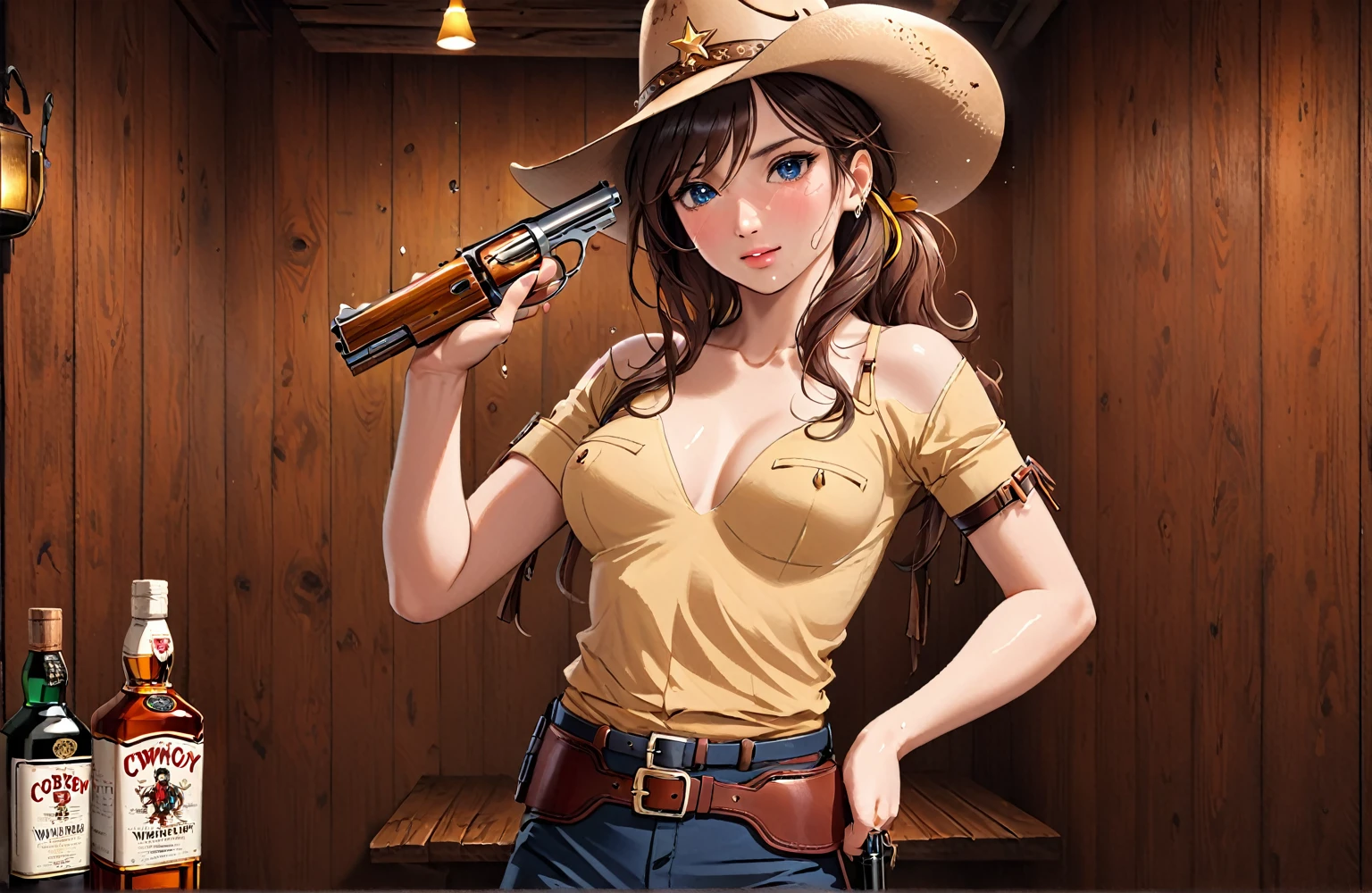 (((One beautiful woman:2.0))),(((NSFW:1.5))),((Nude:2.0))),(((She has a gun belt around her waist、Put a revolver in a holster:1.8))),((Wearing a watch:1.9))),(((Showing cleavage))),(((Exposed thin inner thighs))),(((Small breasts:1.5))),(((Bare arms))),((Blushed:1.5)), Beautiful detailed girl, Very detailed目と顔, 緻密でBeautiful Eyes, Very detailed, High resolution, Highest quality, masterpiece, Very detailed, 8k wallpaper, wonderful, finely, Highest quality,(Standing in front of a wooden wall),Beautiful Eyes,((Engage your audience:1.2)),((Cowboy Shot:1.5))),((Photograph the whole body:1.5)),((Drinking whiskey:1.4)),(((Drunk,cry:1.5))),(((Are standing:1.2)))