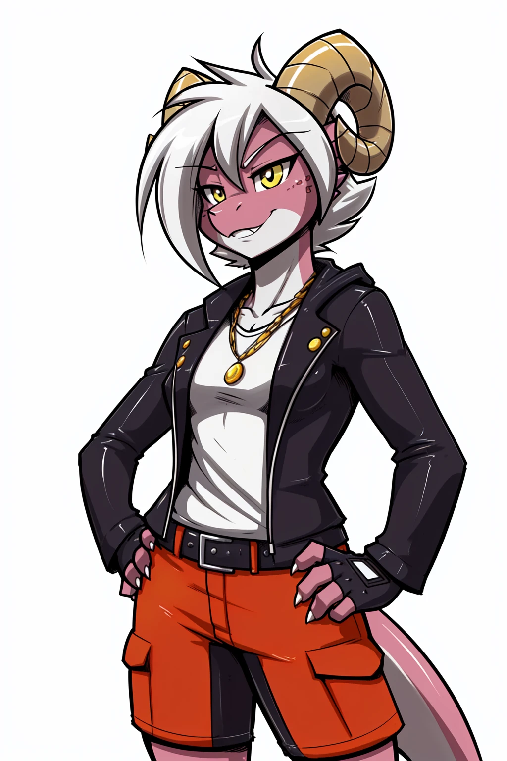 (adult, sketch-ish, 2d, absurdres, best quality, uploaded on e621), (by uc77, by zeekzag, by skidd, by john joseco, by kadath, by bigdad, by shonuff, by scappo), ((white background, no background:1.4)), (bust portrait, manga styled, manga styled eyes, intense pupils, getter robo styled eyes), (short hair, white hair, parted fringe, messy hair), (solo, pink body, pink scales, kobold, dragon-ish, reptilian kobold, snaggletooth kobold), (battle scars on tail), (two ram-like curved gold horns:1.4), (eyelashes, gold eyes), (badass, arrogant, y, cute, slight grin, toothless maw), (white hoodie jacket, shirt, long red bermuda shorts, fingerless gloves), hot-blooded, citrine colored gem ear piercing, ((facial horns, small trimmed white claws, small brea)), crossed arm pose, (snaggletooth maw, toothless maw)