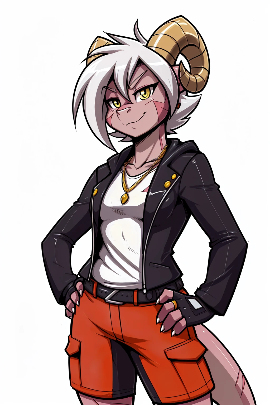 (adult, sketch-ish, 2d, absurdres, best quality, uploaded on e621), (by uc77, by zeekzag, by skidd, by john joseco, by kadath, by bigdad, by shonuff, by scappo), ((white background, no background:1.4)), (bust portrait, manga styled, manga styled eyes, intense pupils, getter robo styled eyes), (short hair, white hair, parted fringe, messy hair), (solo, pink body, pink scales, kobold, dragon-ish, reptilian kobold, snaggletooth kobold), (battle scars on tail), (two ram-like curved gold horns:1.4), (eyelashes, gold eyes), (badass, arrogant, cocky, cute, slight grin, toothless maw), (white hoodie jacket, shirt, long red bermuda shorts, fingerless gloves), hot-blooded, citrine colored gem ear piercing, ((facial horns, small trimmed white claws, small breasts:1.2)), crossed arm pose, (snaggletooth maw, toothless maw)