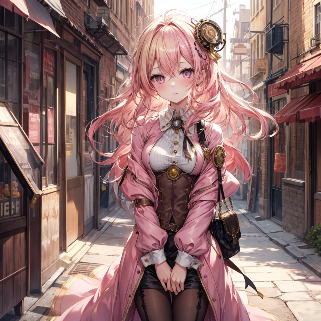 Highest quality, masterpiece, woman, Windblown blonde, Shining Eyes, Steampunk Nude Style, Light clothing, Pink clothes, Pink Hair