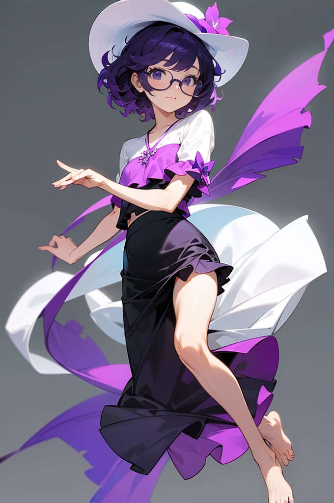 one girl, short very curly purple hair with dark purple strand, glasses, two-piece black and white color flower theme simple swim outfit, simple detaled, lovable, no background, dynamic cute pose,, full body ,detaled feet,short blouse flowers,art, long airy skirt, summer hat,