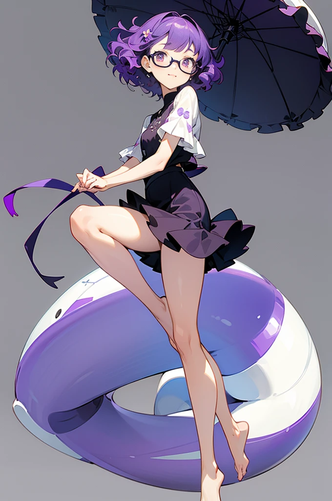 one girl, short very curly purple hair with dark purple strand, glasses, two-piece black and white color  flower theme simple swim outfit, simple detaled, lovable, no background, dynamic cute pose,, full body ,detaled feet,short blouse  flowers,art, long airy skirt, summer hat, 